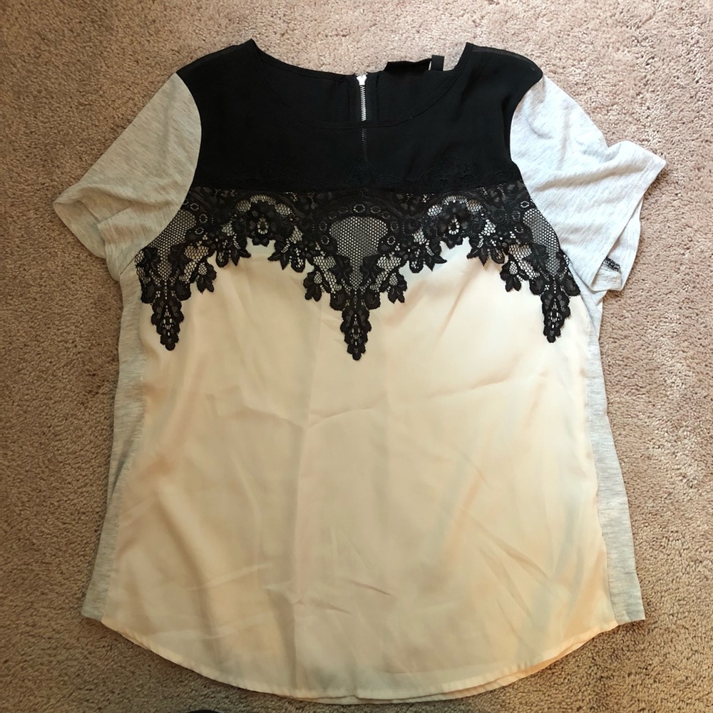 EUC light pink, grey, black blouse with lace trim!